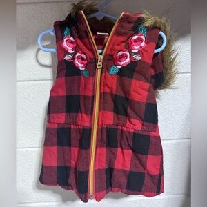 Arizona Jean Company Red and Black Plaid Hooded Vest with Floral Embroidery